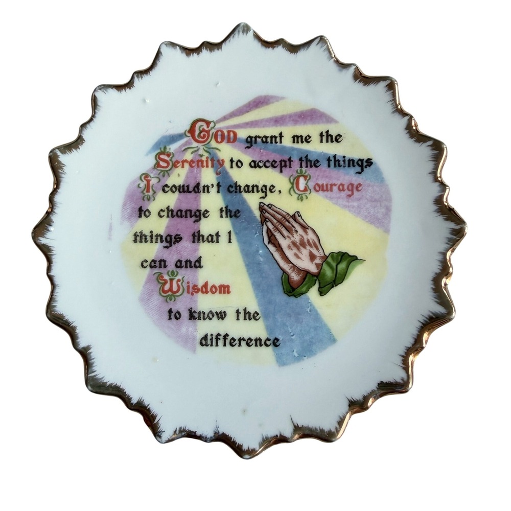 Vintage Serenity Prayer Mini Plate Gold Scalloped Edge Praying Hands Porcelain